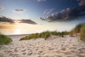 Papier Peint photo Mer du Nord, Pays-Bas sand path to sea beach at sunset