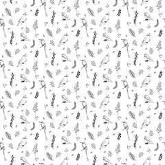 Floral seamless pattern with birds. Cartoon vector background. Monochrome illustration. Birds on a tree branches seamless pattern over white. Vector illustration