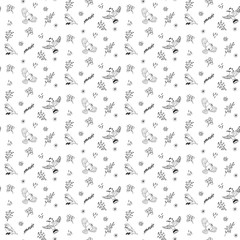 Fototapeta na wymiar Floral seamless pattern with birds. Cartoon vector background. Monochrome illustration. Birds on a tree branches seamless pattern over white. Vector illustration