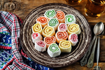 Turkish delight, Oriental sweetness on a plate with tea