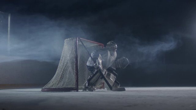 Side view of concentrated ice hockey goaltender standing in front of the net and stopping puck from entering it