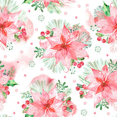 Watercolor Poinsettia flower background, Christmas seamless pattern - 307935239