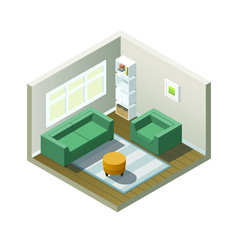 Vector isometric living room with furniture, armchair and sofa with carpet, interior flat items  