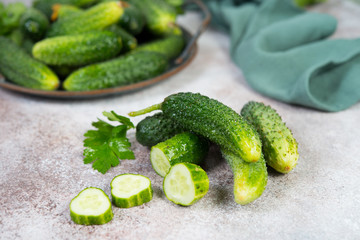 Fresh garden organic cucumbers and sprigs of parsley lie on a concrete background. Horizontal photo