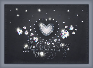 Luxury silver heart for happy Saint Valentine's Day in vector. Luxury hight detailed heart with brilliants for 14 February Valentine day. Greeting card template over dark background.