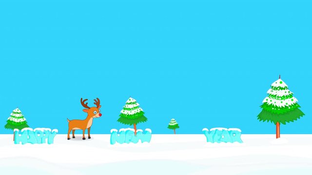 Christmas animation. Santa deer is jumping in turn. Ice happy new year font. Snow cap motion. Clean blue sky  for your message. Loop Santa Claus's reindeer video. 2D 4K  Happy holiday animation.