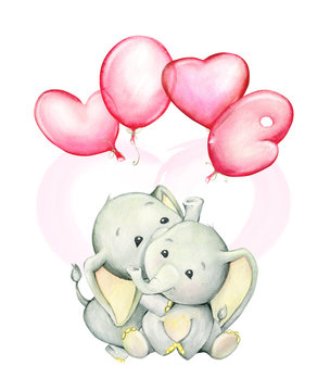 Cute elephants, sitting in an embrace, on the background of a heart, and red balloons. Watercolor concept, on isolated background. Holiday pictures, Valentine's day.