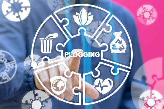 Plogging Trend Sport Lifestyle Running Environment Cleaning Save Ecology Concept. Plogger touches plogging word on virtual screen.