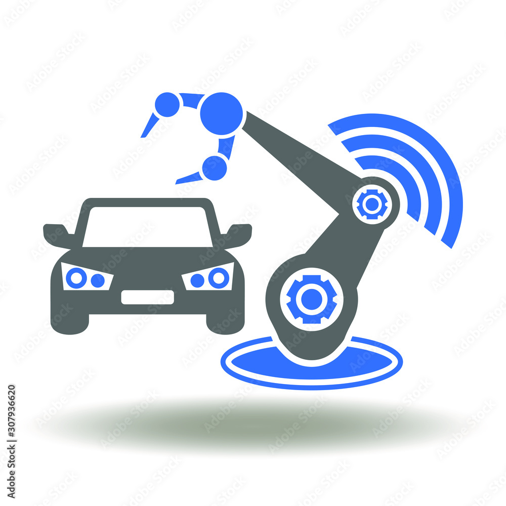 Poster auto production mechanical automotive industry logo. car robot arm wireless signal icon vector. auto