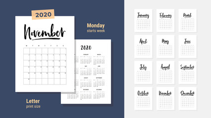 2020 new year calendar in clean minimal table simple style. Hand drawn lettering, black and white minimalist design, handwritten planner, Week Starts Monday. Letter size