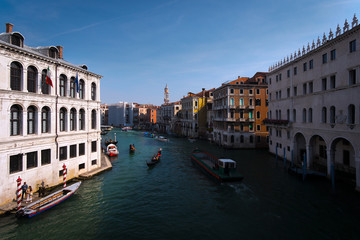 Architecture of old Venice at sunset. Panorama from the water. Classic view of the Grand Canal. Italy.