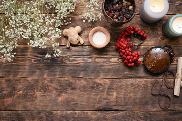 Witch doctor or shaman table flat lay background.