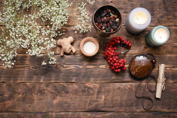 Witch doctor or shaman table flat lay background.