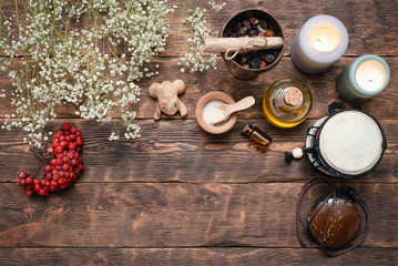 Witch doctor or shaman table flat lay background.