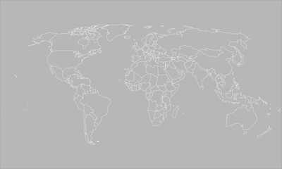 World map political white outline vector. Gray background.