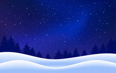 Vector winter starry background. Night with fir trees snow dark blue sky. Vector illustration. Merry Christmas card. Holiday scene design, decor for banner, web, poster. Vector illustration.