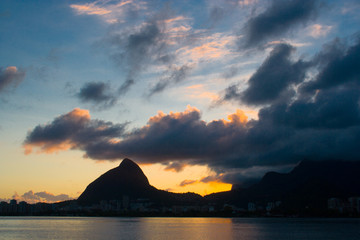 Naklejka na ściany i meble Sunset at Lagoa Rodrigo de Freitas with the Dois Irmãos Hill, postcard of the city of Rio de Janeiro. Brazil