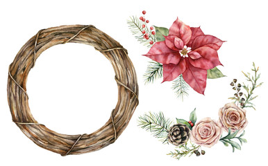 Watercolor floral composition set. Hand painted roses, poinsettia, pine cone, fir branch, seeds and red berries isolated on white background. Botanical illustration for design, print or background.