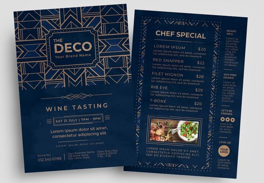 Art Deco Menu Layout with Blue and Gold Elements