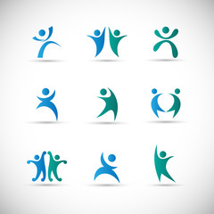 Abstract People Logo Set. Human Figure Isolated On Gray Background. Icons Collection For Human Success, Celebration Logo, Achievement Symbol And Activity. Different Happy People. Figure Logo, Vector