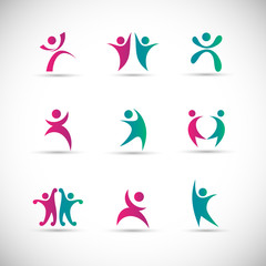 Abstract People Logo Set. Human Figure Isolated On Gray Background. Icons Collection For Human Success, Celebration Logo, Achievement Symbol And Activity. Different Happy People. Figure Logo, Vector