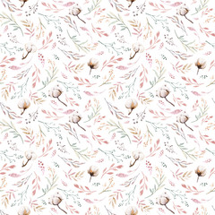 Hand drawing seamless watercolor floral patterns with cotton balls rose, leaves, branches and flowers. Bohemian gold pink pattern prorea. Background for greeting wedding invitation