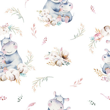 Watercolor cute cartoon little baby and mom hippo with floral wreath seamless pattern. tropical fabric background. Mother and baby design. Animal family. Kid love birthday drawing