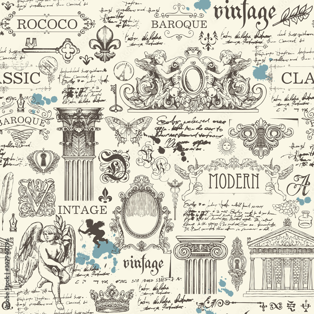 Poster vector seamless pattern on the theme of vintage art objects and antiques. abstract background with h