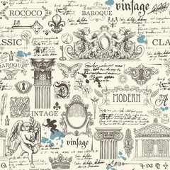 Vector seamless pattern on the theme of vintage art objects and Antiques. Abstract background with handwritten notes and drawings. Suitable for old fashioned wallpaper, wrapping paper, fabric