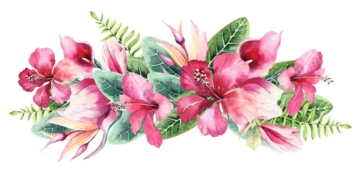 Fotobehang Tropische Bladeren Watercolor hand drawn floral bouquet with tropical plants and flowers  © kris_art