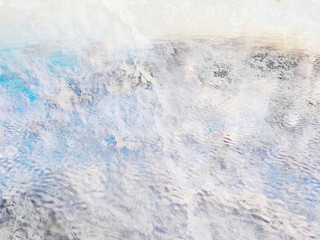 The mixed image of the textured surface of white and grey colors and the natural background of the view of the lake at the warm summer sunset at the City Park. 