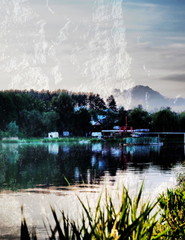 The mixed image of the textured surface of white and grey colors and the natural background of the view of the lake at the warm summer sunset at the City Park. 