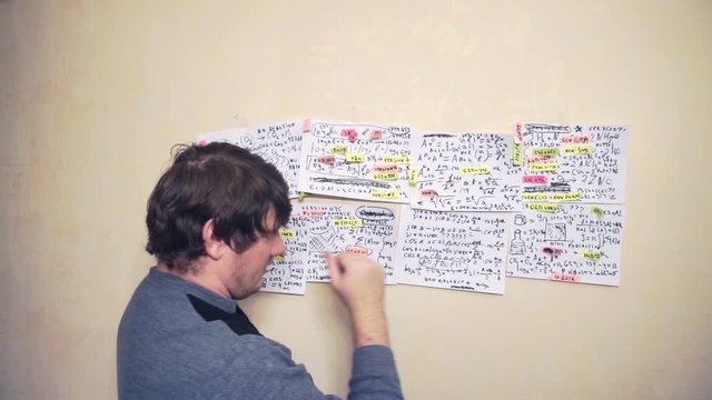researcher works with various formulas and calculations on paper sheets that hang on the wall.research work.scientist in the workplace