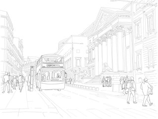 Hand drawn illustration. People ride a hop on hop off tourist bus downtown Madrid. Black and white.