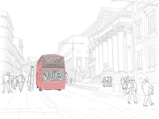Hand drawn illustration. People ride a hop on hop off tourist bus downtown Madrid. Bus in color.