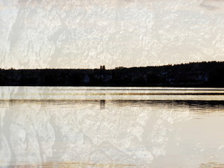 The mixed image of the textured surface of white and grey colors and the natural background of the view of the lake at the warm summer sunset at the City Park. 