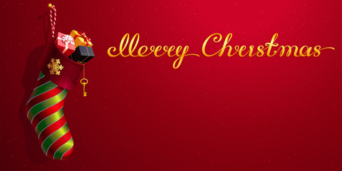 Christmas stocking with a golden snowflake, red and green decor. 3D realistic vector sock-shaped bag with a gift boxes. Original calligraphic text Merry Christmas. Red background with a copy space