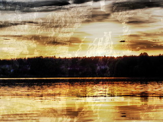 The mixed image of the textured surface of white and grey colors and the natural background of the view of the lake at the warm summer sunset at the City Park. 