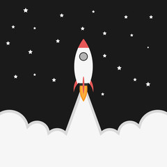 rocket launch, rocket ship soar up into the sky through the clouds and go heading to space. start up business concept - vector illustration