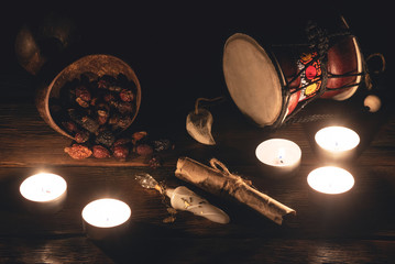 Shamanic accessories close up. Shaman concept.
