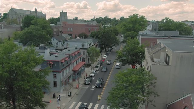 Aerial: Establishing shot of the town of Princeton, home of Princeton University. New Jersey, USA