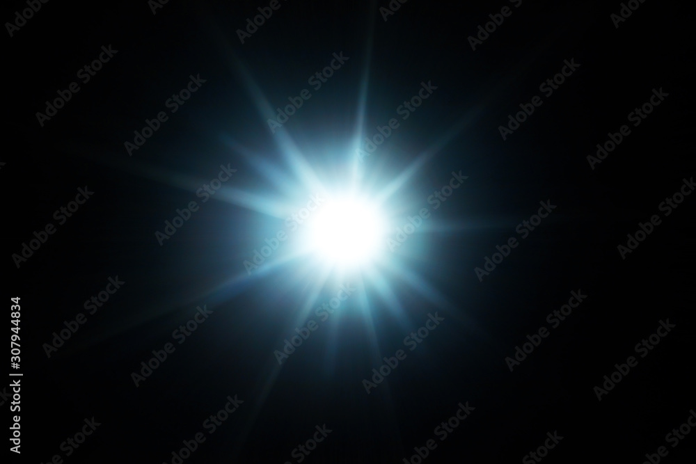 Poster Easy to add lens flare effects for overlay designs or screen blending mode to make high-quality images. Abstract sun burst, digital flare, iridescent glare over black background.