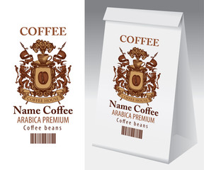 Paper packaging with label for coffee bean. Vector label for coffee with hand-drawn medieval coat of arms, barcode, text and paper 3d package with this label.
