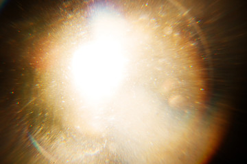 Easy to add overlay or screen filter over photos. Abstract sun burst. Digital lens flare background. Gleams rounded and hexagonal shapes, rainbow halo, iridescent glare.