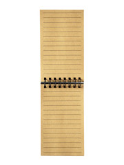 small opened brown notebook on a spiral of craft paper on a white isolated background. close-up, top view. vertical orientation