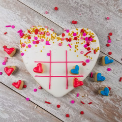 Closeup of valentines day heart tic-tac-toe