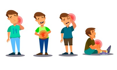 Set of character men with pain in different parts of the body. Backache, abdominal pain, headache, migraine. Vector illustration in cartoon style