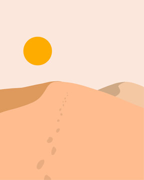 Dunes Dessert Landscape With Bright Sun Adventure Travelling Concept Flat Illustration 