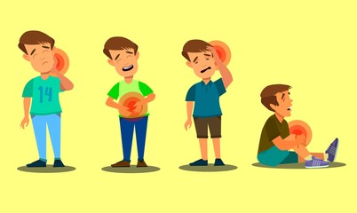Set of character men with pain in different parts of the body. Backache, abdominal pain, headache, migraine. Vector illustration in cartoon style