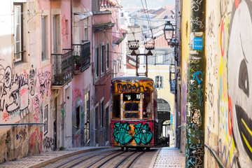 Ascensor da Bica, Tram / Funicular with graffiti in Lisbon, Portugal